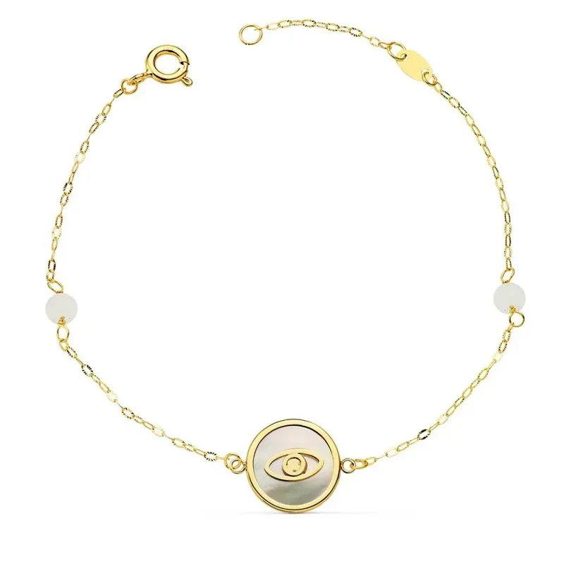 Pulsera oro 18k forzada 18cm. ojo turco 12mm. nácar bolas jade 4mm. cierre reasa mujer