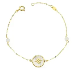 Pulsera oro 18k forzada 18cm. Rosa de los Vientos 12mm. nácar bolas jade 4mm. cierre reasa mujer