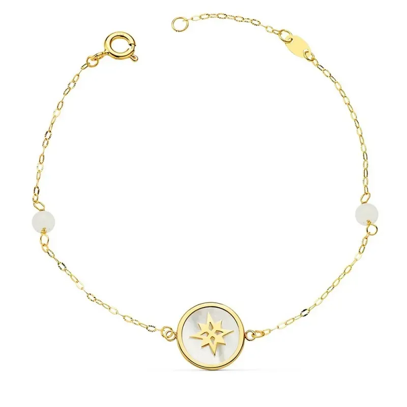 Pulsera oro 18k forzada 18cm. Rosa de los Vientos 12mm. nácar bolas jade 4mm. cierre reasa mujer