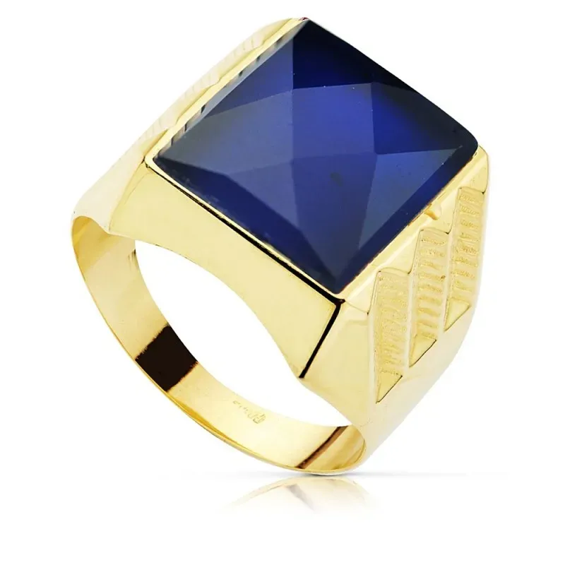 Sello oro 18k hueco piedra espinela azul 14x12mm. cuadrado tallado hombre