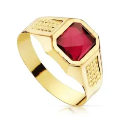 Sello oro 18k infantil hueco piedra espinela roja 7x6mm. tallado niño