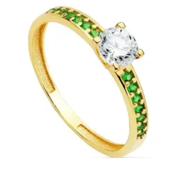 Solitario oro 18k carril piedras verdes centro garra circonita 5mm. mujer