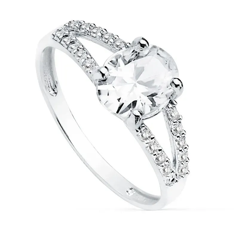 Sortija oro blanco 18k circonitas centro piedra 8x6mm. mujer