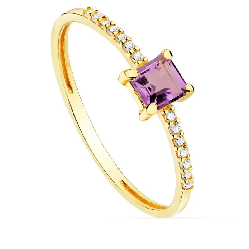 Sortija oro 18k ancho 1mm. centro amatista 4mm. diamantes brillantes 0.07ct. mujer