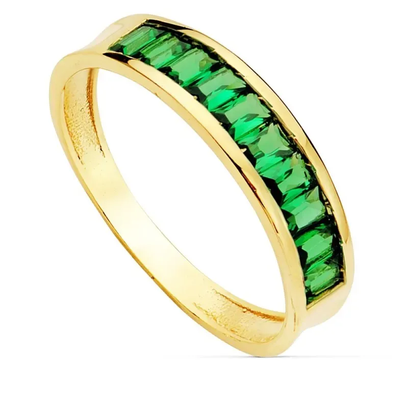 Sortija oro 18k ancho 4.5mm. circonitas verdes baguette mujer