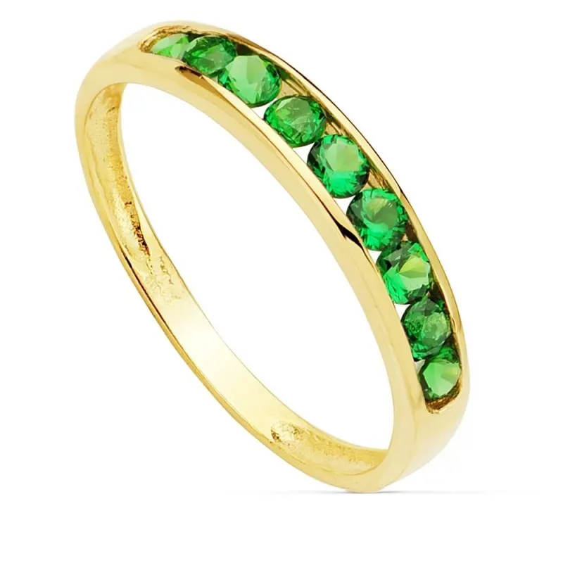 Sortija oro 18k ancho 3.5mm. carril circonitas verdes mujer