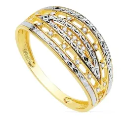 Sortija oro 18k bicolor ancho 9mm. bandas talladas circonitas mujer
