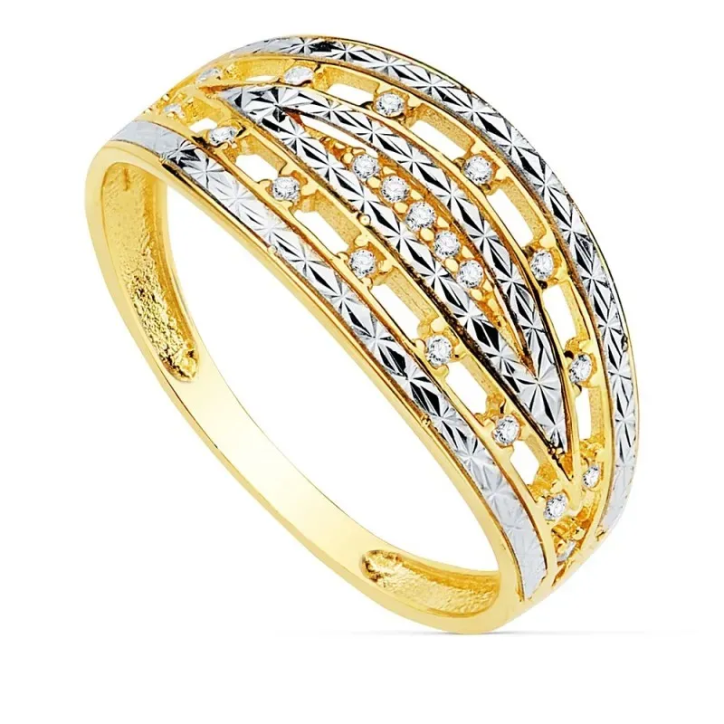 Sortija oro 18k bicolor ancho 9mm. bandas talladas circonitas mujer