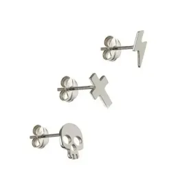 Pendientes plata Ley 925m pack x3 cruz calavera rayo cierre presión mujer