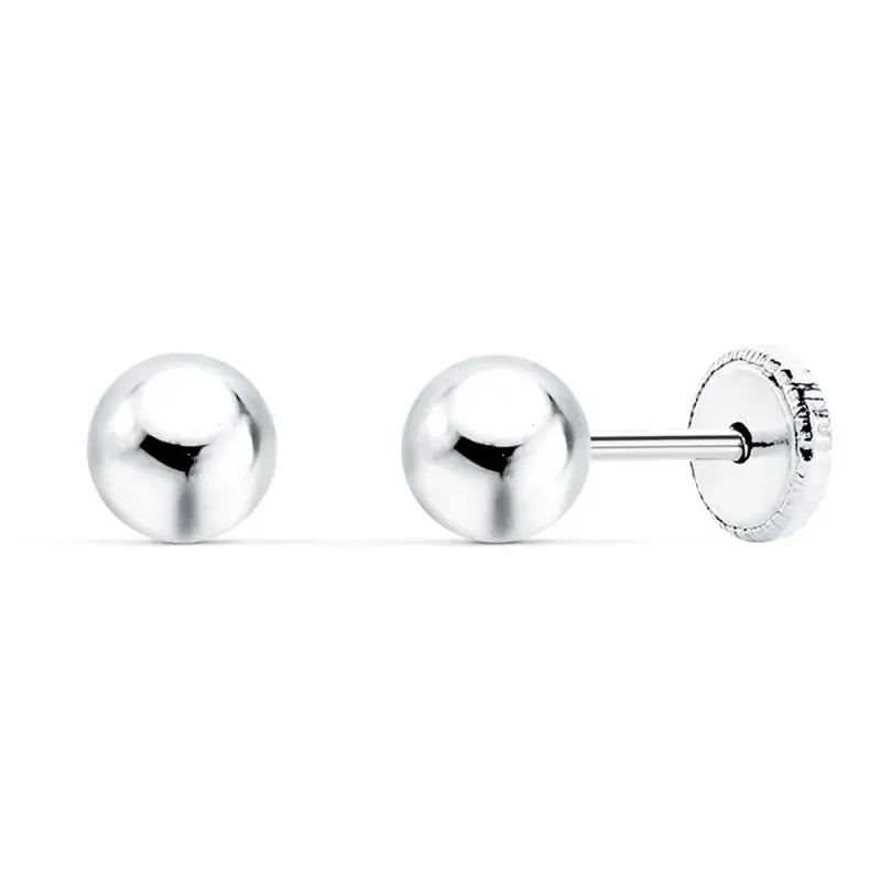 Pendientes oro blanco 18k bola lisa 5mm. cierre tuerca
