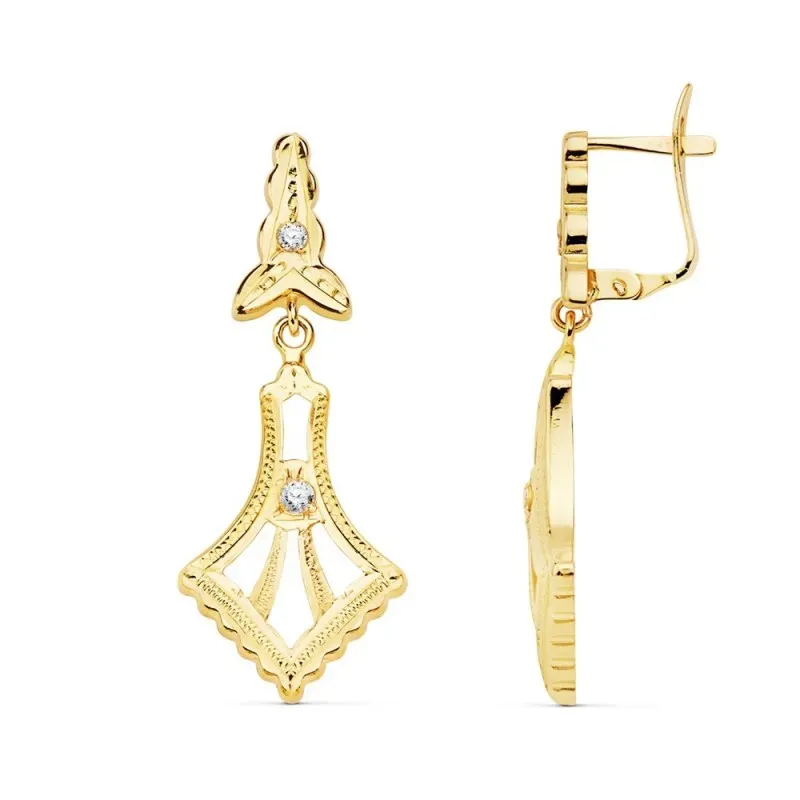 Pendientes oro 18k largos 35mm. cubanas formas talladas circonitas cierre palillo catalán