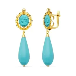 Pendientes oro 18k largos mujer 47mm. camafeo turquesa sintética arquillo cierre catalán