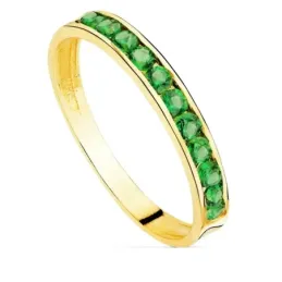 Sortija oro 18k centro carril circonitas verdes cuerpo liso