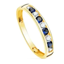 Sortija oro 18k centro carril circonitas combinadas azules blancas cuerpo liso