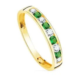 Sortija oro 18k centro carril circonitas combinadas blancas verdes cuerpo liso
