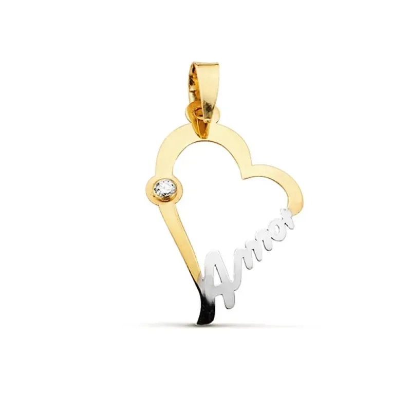 Colgante oro bicolor 18k silueta corazón 22mm. palabra AMOR detalle circonita