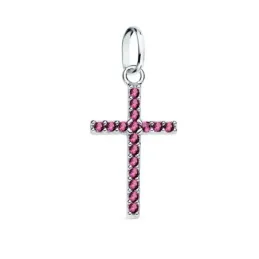 Colgante oro blanco 18k cruz 16mm. circonitas fucsias engaste garras