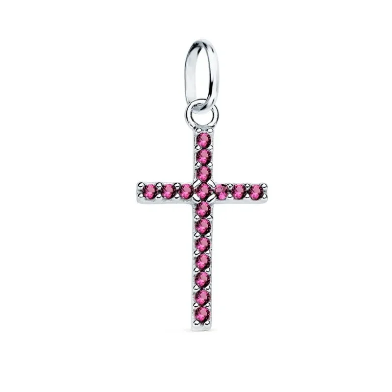 Colgante oro blanco 18k cruz 16mm. circonitas fucsias engaste garras