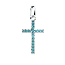 Colgante oro blanco 18k cruz 16mm. circonitas azules engaste garras