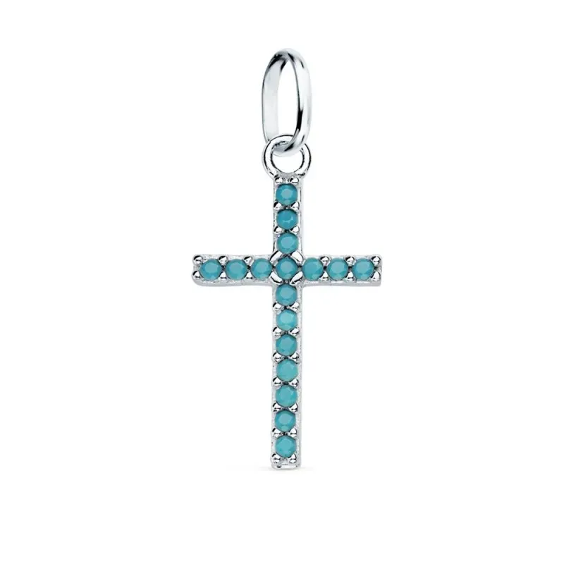 Colgante oro blanco 18k cruz 16mm. circonitas azules engaste garras