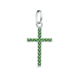 Colgante oro blanco 18k cruz 16mm. circonitas verdes engaste garras