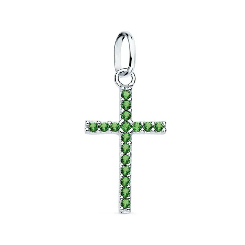 Colgante oro blanco 18k cruz 16mm. circonitas verdes engaste garras