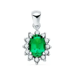 Colgante oro blanco 18k oval 13mm. centro esmeralda 0.75ct. alrededor diamantes brillantes 0.35ct.