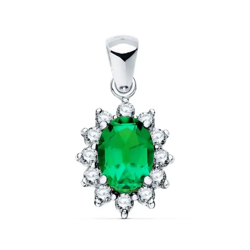 Colgante oro blanco 18k oval 13mm. centro esmeralda 0.75ct. alrededor diamantes brillantes 0.35ct.
