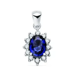 Colgante oro blanco 18k oval 13mm. centro zafiro 0.98ct. alrededor diamantes brillantes 0.35ct.