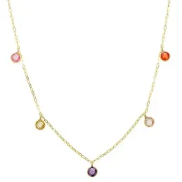 Gargantilla oro 18k cadena forzada 40cm. piedras colores 5mm. redondas colgando cierre reasa
