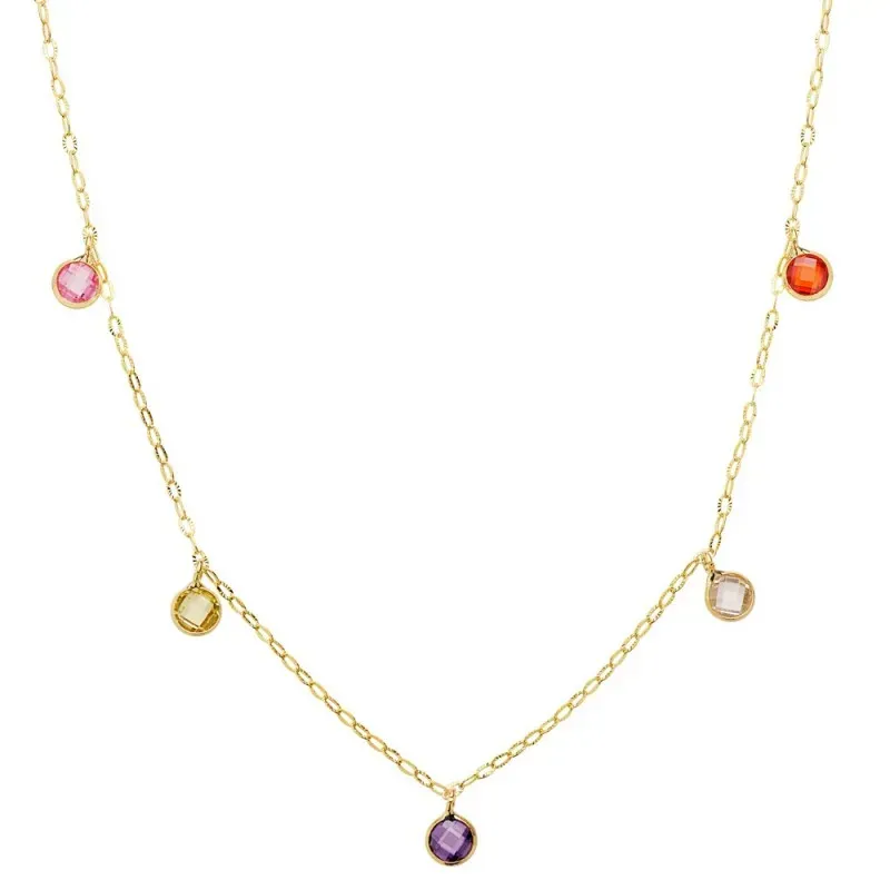 Gargantilla oro 18k cadena forzada 40cm. piedras colores 5mm. redondas colgando cierre reasa