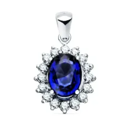 Colgante oro blanco 18k oval 14mm. centro zafiro 2.47ct. alrededor diamantes brillantes 0.42ct.
