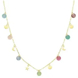 Gargantilla oro 18k cadena forzada 40cm. chapas lunas estrella piedras 5mm. colgando cierre reasa