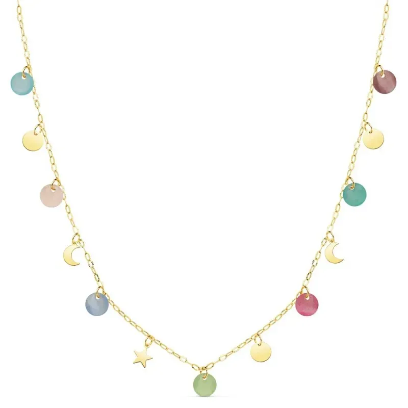 Gargantilla oro 18k cadena forzada 40cm. chapas lunas estrella piedras 5mm. colgando cierre reasa
