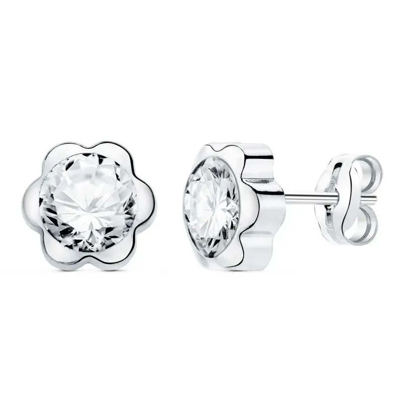 Pendientes oro blanco 18k flor 7mm. centro circonita cierre presión