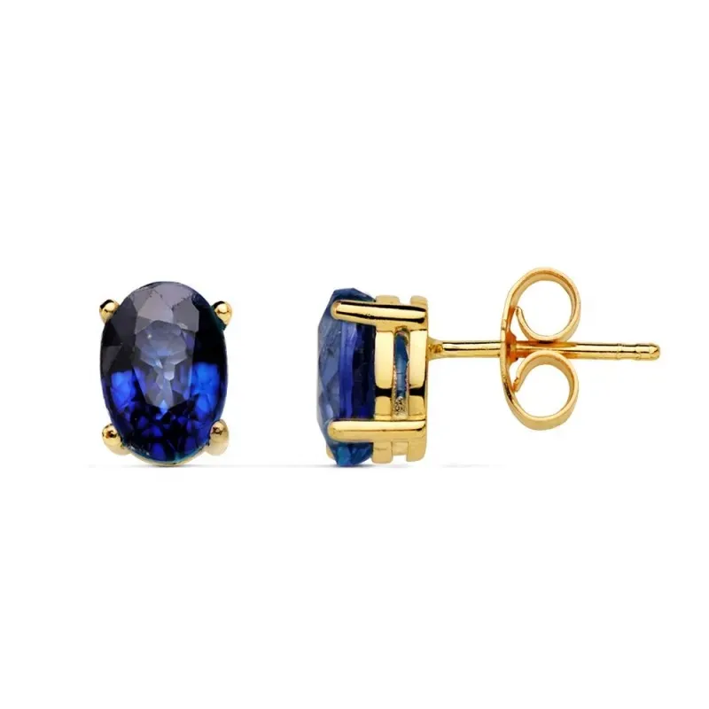 Pendientes oro 18k 7mm. garras gema zafiro 1.58ct. cierre presión