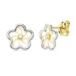 Pendientes oro bicolor 18k flor 8mm. calada centro circonita cierre presión