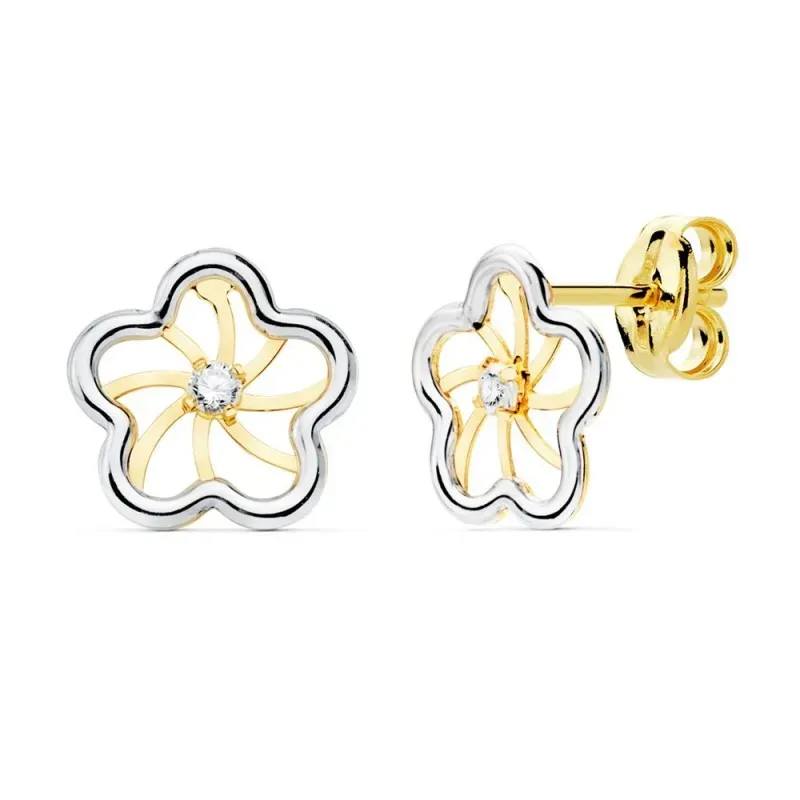 Pendientes oro bicolor 18k flor 8mm. calada centro circonita cierre presión