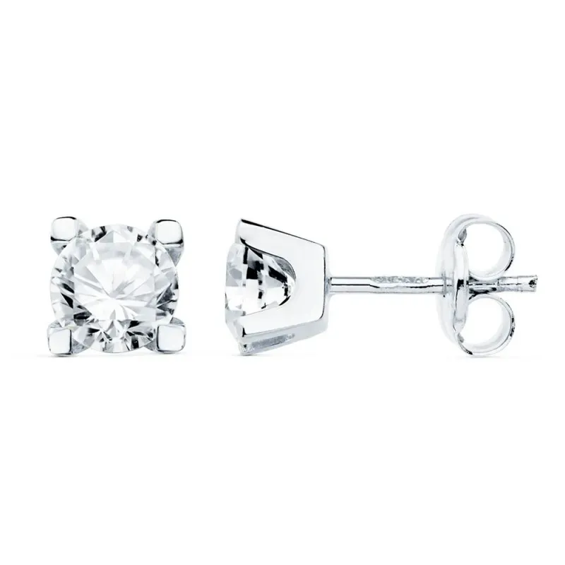 Pendientes oro blanco 18k centro circonita 5mm. garras cierre presión
