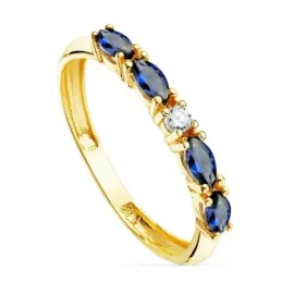 Sortija oro 18k circonitas azules talla marquise centro blanca cuerpo 2mm. liso
