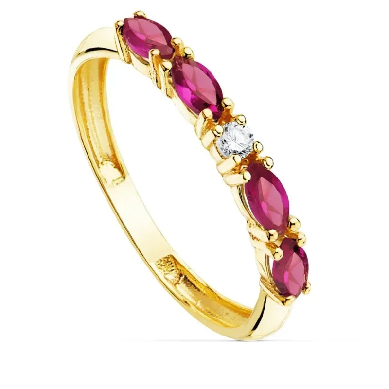 Sortija oro 18k circonitas fucsias talla marquise centro blanca cuerpo 2mm. liso