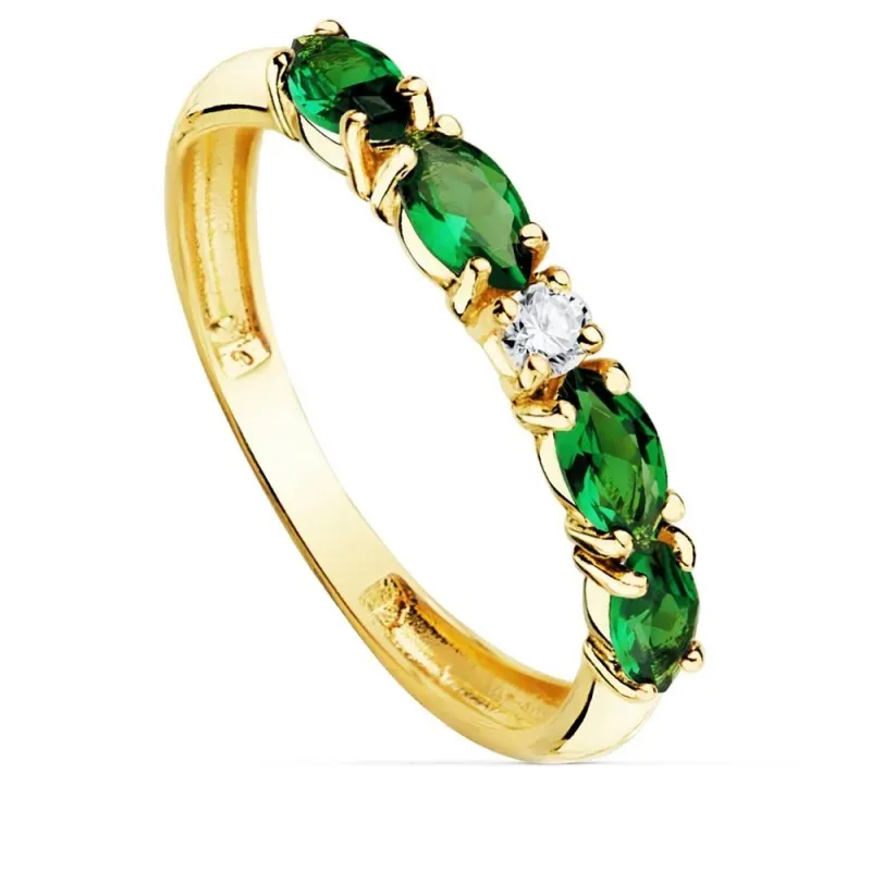 Sortija oro 18k circonitas verdes talla marquise centro blanca cuerpo 2.5mm. liso