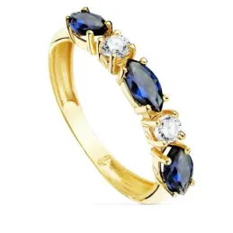 Sortija oro 18k circonitas alternas azules talla marquise blancas redondas cuerpo 3mm. liso