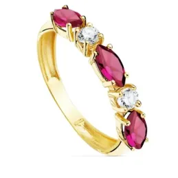 Sortija oro 18k circonitas alternas fucsias talla marquise blancas redondas cuerpo 3mm. liso