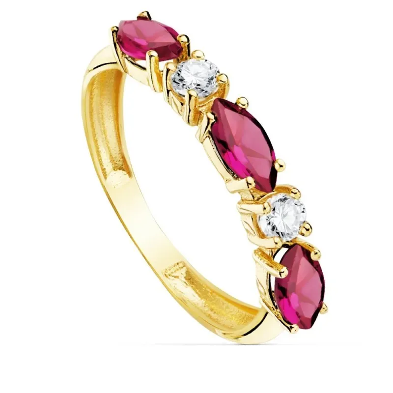 Sortija oro 18k circonitas alternas fucsias talla marquise blancas redondas cuerpo 3mm. liso
