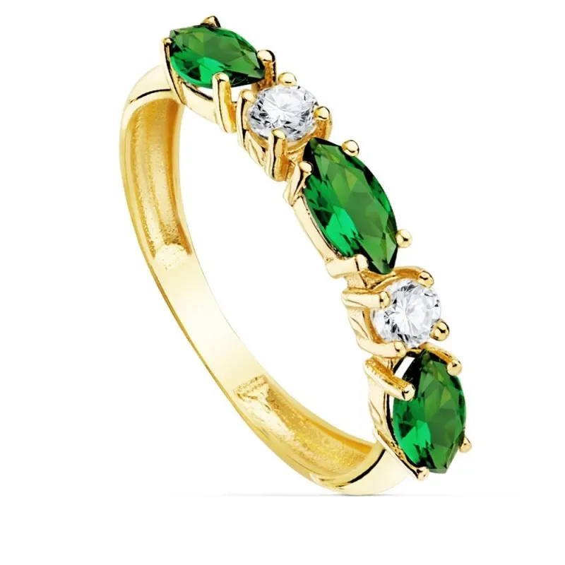 Sortija oro 18k circonitas alternas verdes talla marquise blancas redondas cuerpo 3mm. liso