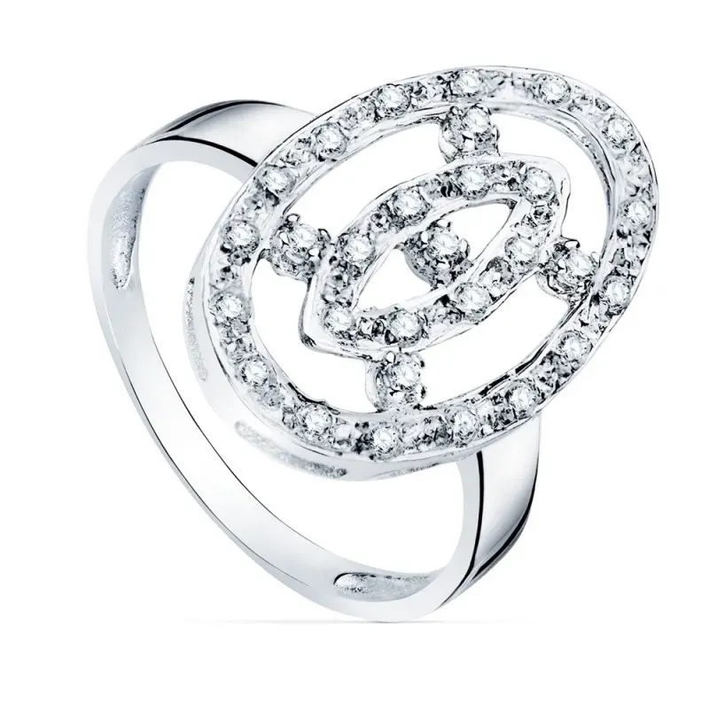 Sortija oro blanco 18k centro lanzadera 21x14mm. cerco oval circonitas cuerpo liso