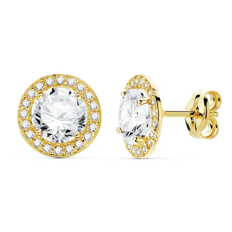Pendientes oro 18k redondos circonitas 9mm. cierre presión