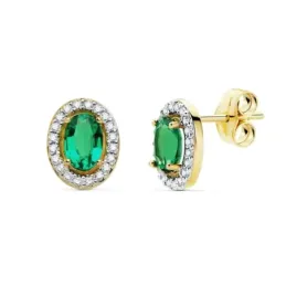 Pendientes oro bicolor 18k 10mm. centro piedra oval verde 6x4mm. cerco circonitas cierre presión