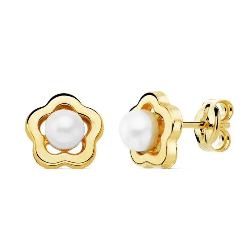 Pendientes oro 18k flor 8mm. calada centro perla 4mm. cierre presión